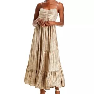 Aqua Metallic Ruched Tiered Midi Dress